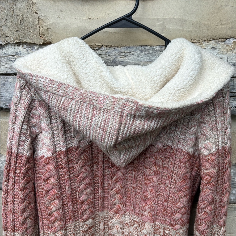 Lety & Me Cozy Multicolor Knit Sherpa Trim Open-Front Cardigan with Hoodie M - Picture 3 of 7